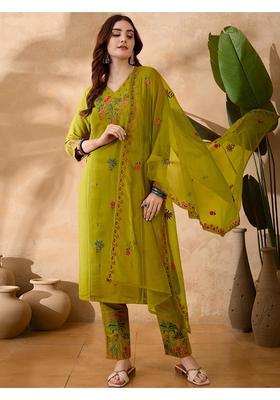 Green Embroidery Silk Kurta Set