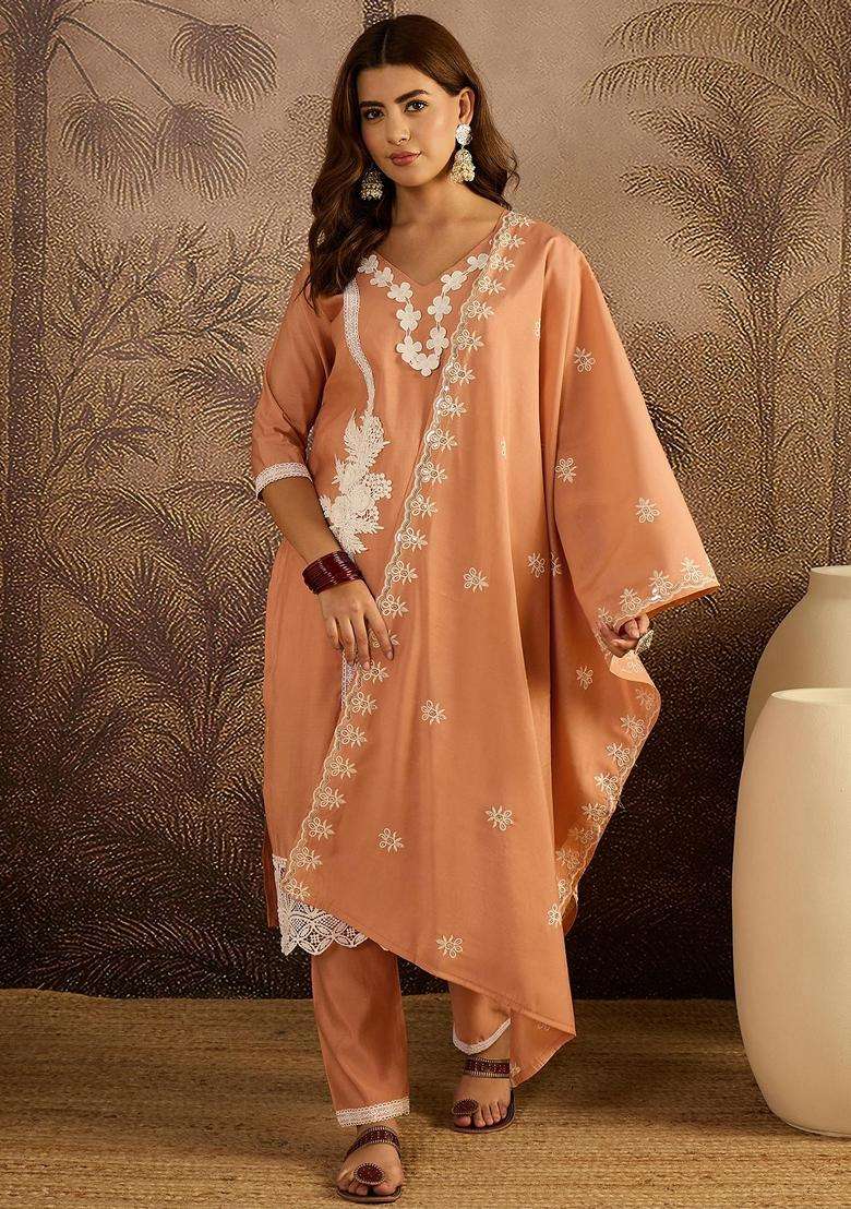 Peach Embroidery Silk Blend Kurta Set - Indya