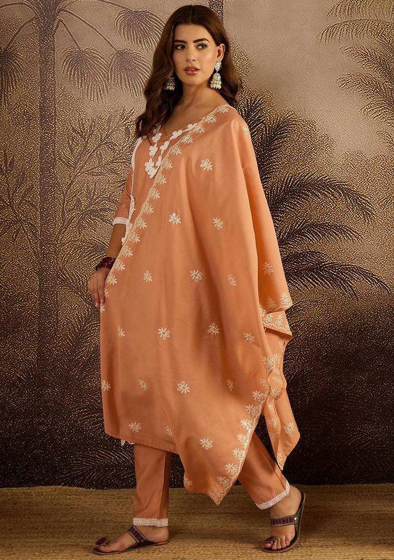 Peach Embroidery Silk Blend Kurta Set - Indya