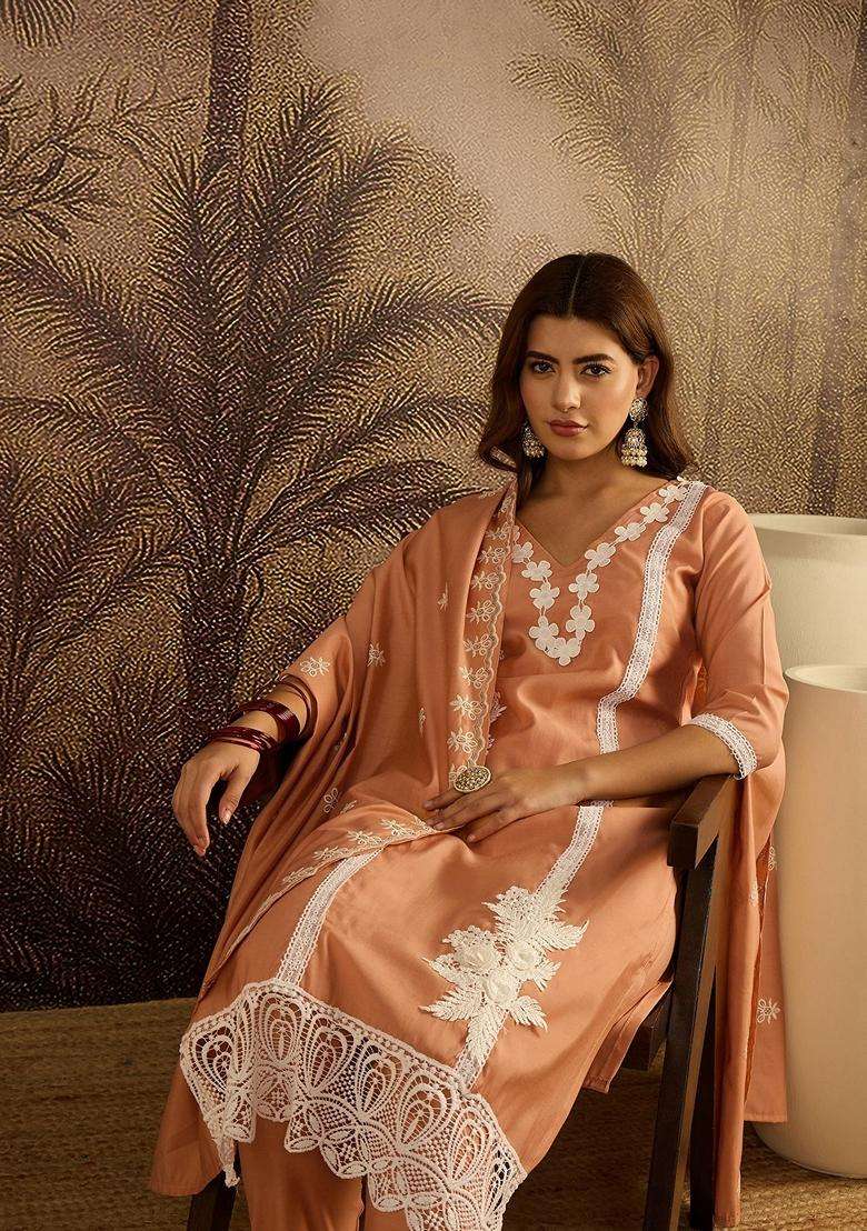 Peach Embroidery Silk Blend Kurta Set - Indya