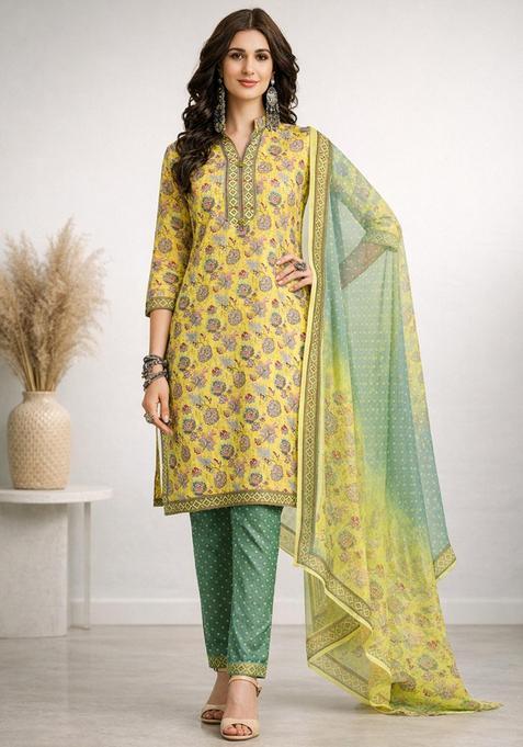 Yellow Floral Polyester Kurta Set — view on Indya