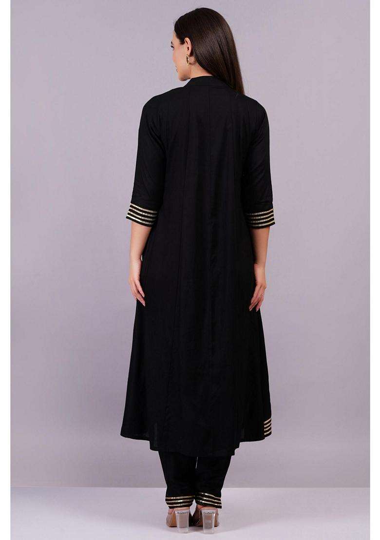 Black Solid Viscose Kurta Set - Indya