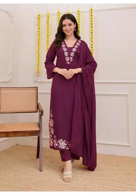Wine Floral Rayon Kurta Set