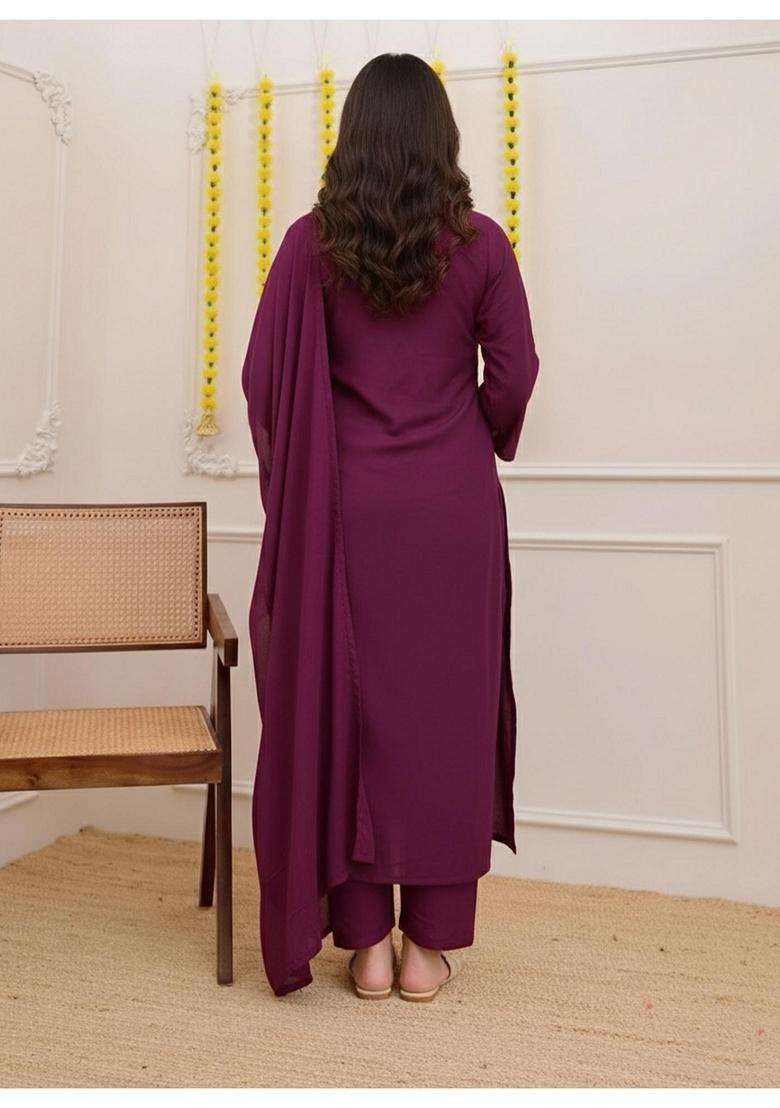 Wine Floral Rayon Kurta Set - Indya