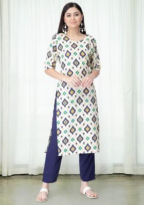 White Printed Crepe Kurta Set