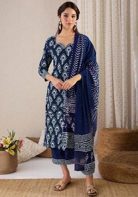 Blue Printed Cotton Kurta Set