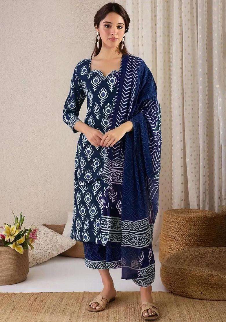 Blue Printed Cotton Kurta Set - Indya