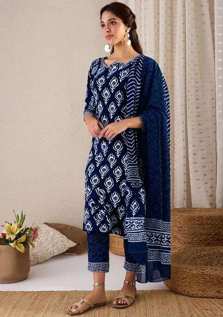 Blue Printed Cotton Kurta Set - Indya