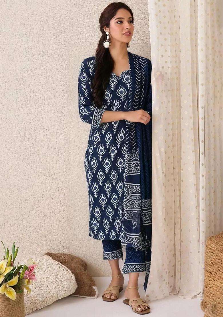 Blue Printed Cotton Kurta Set - Indya