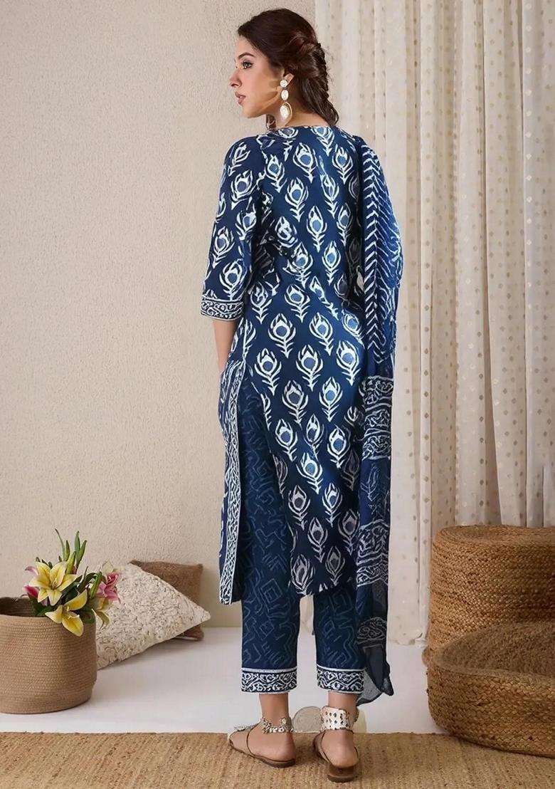Blue Printed Cotton Kurta Set - Indya
