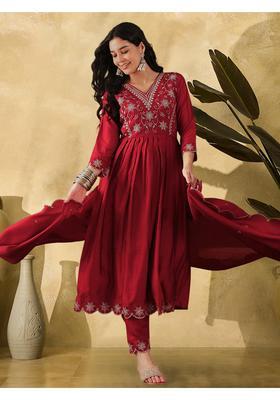 Red Embroidery Silk Kurta Set
