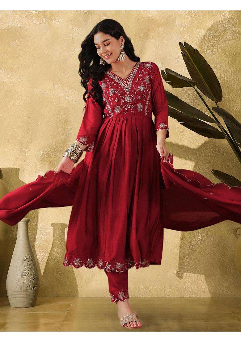 Red Embroidery Silk Blend Kurta Set - Indya