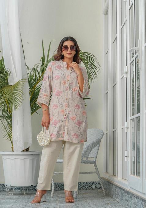 Beige Floral Linen Kurta Set — view on Indya