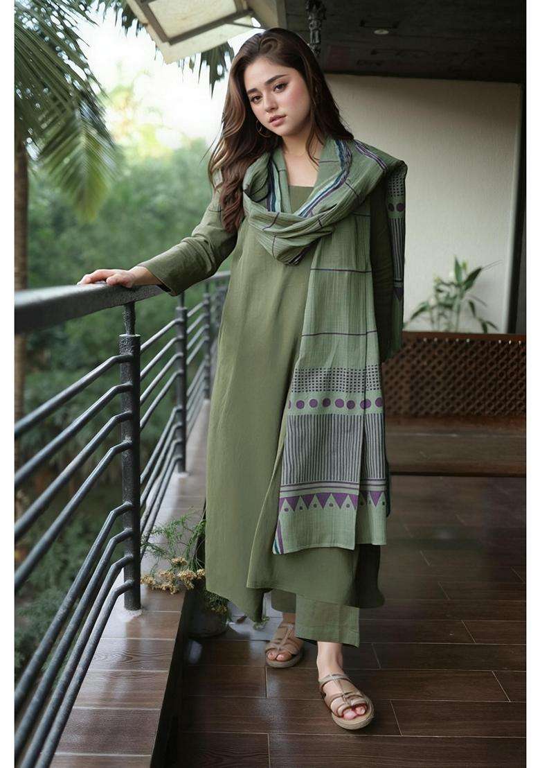 Green Solid Rayon Kurta Set - Indya