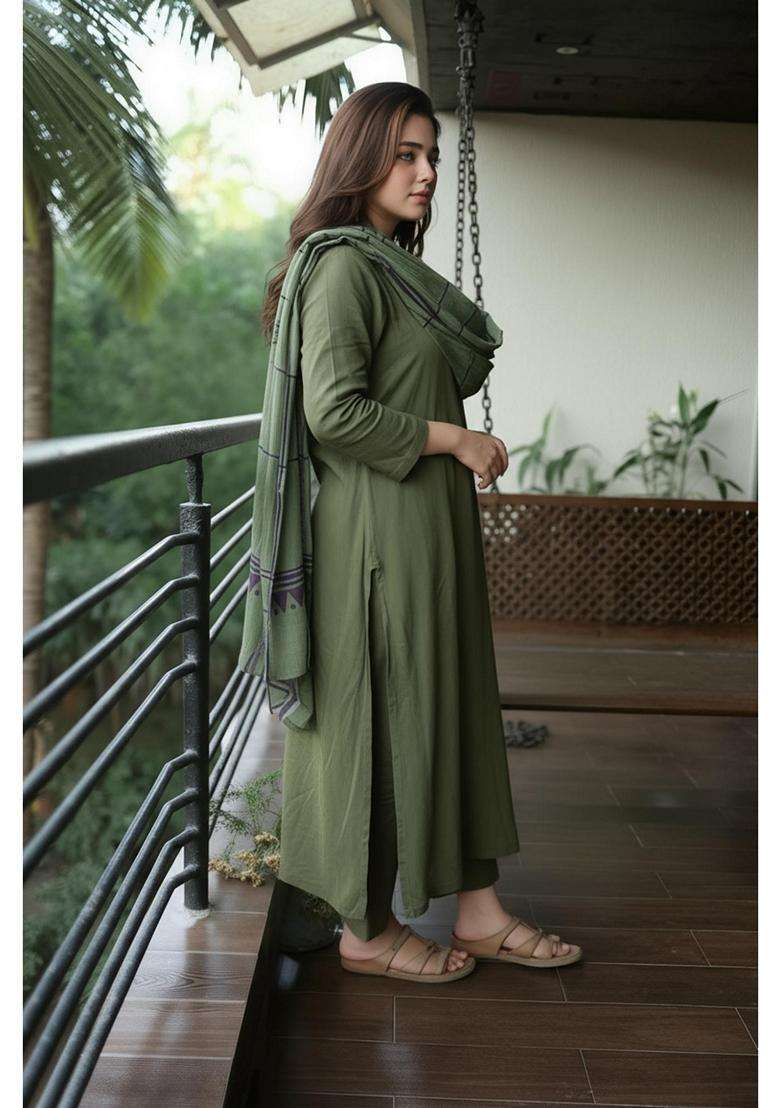 Green Solid Rayon Kurta Set - Indya