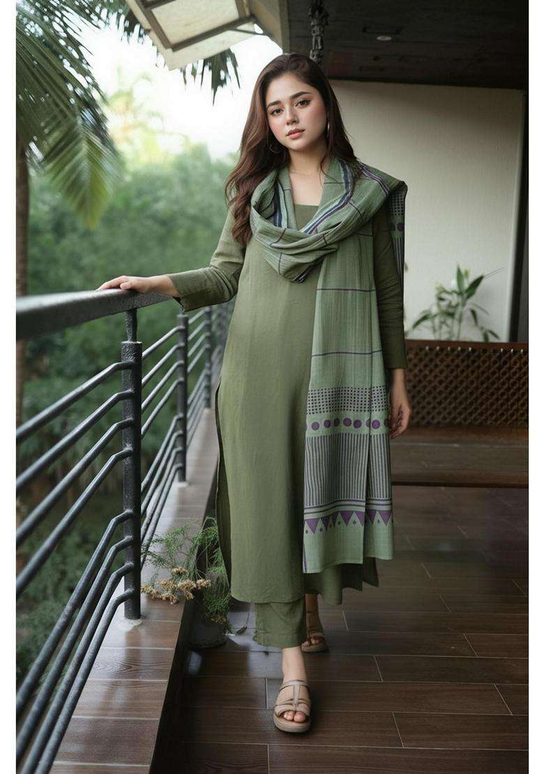 Green Solid Rayon Kurta Set - Indya