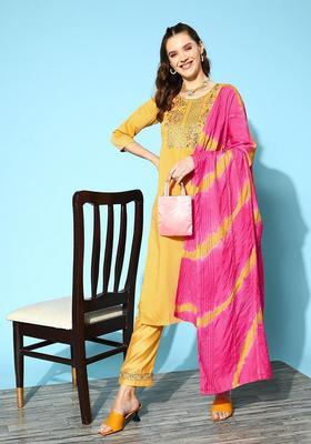 Yellow Embroidery Silk Kurta Set