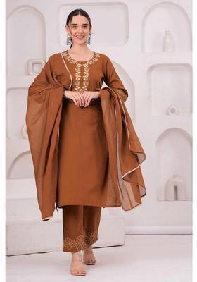 Brown Embroidery Cotton Kurta Set