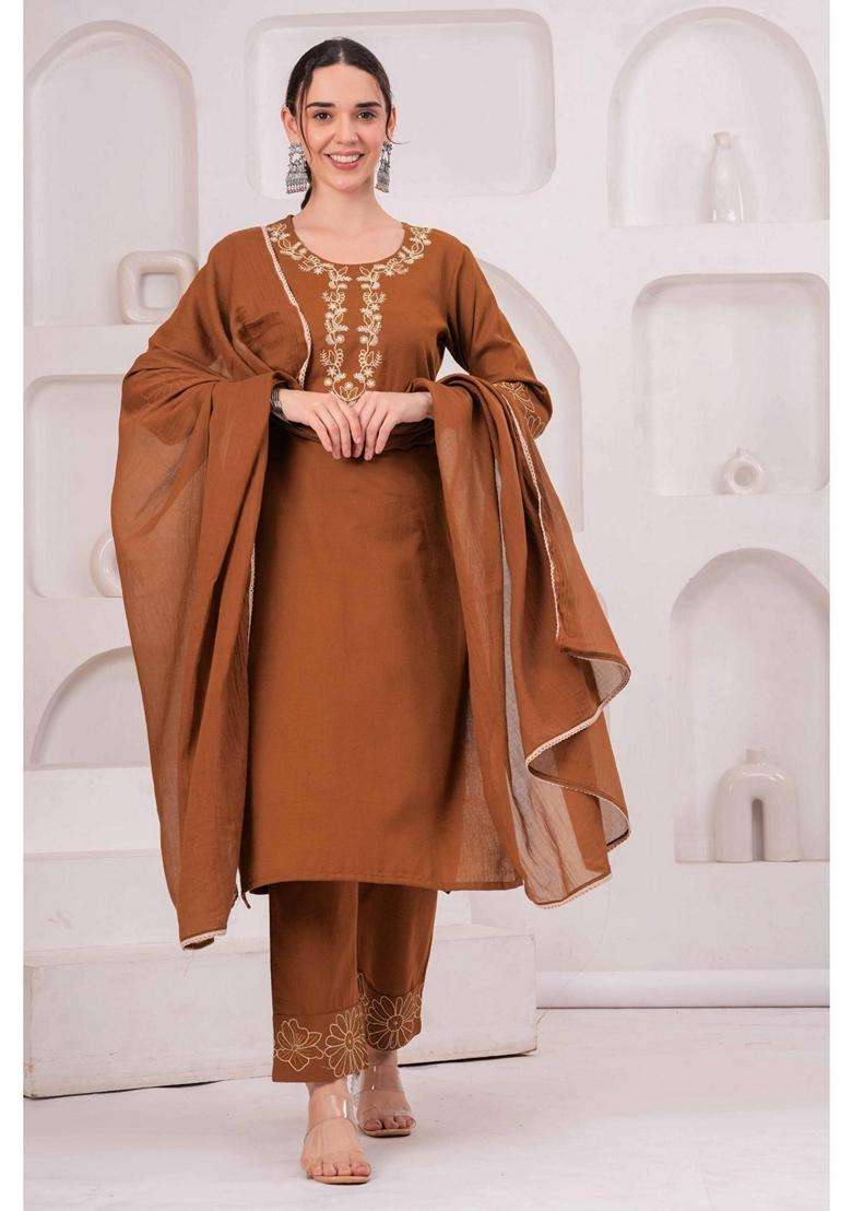 Brown Embroidery Cotton Kurta Set - Indya