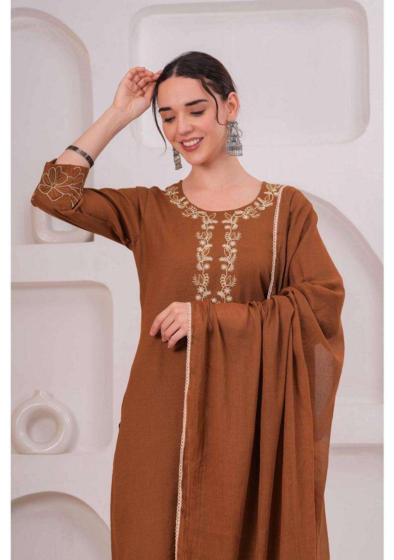 Brown Embroidery Cotton Kurta Set - Indya
