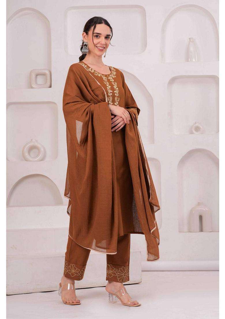 Brown Embroidery Cotton Kurta Set - Indya