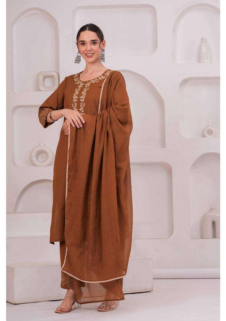 Brown Embroidery Cotton Kurta Set - Indya