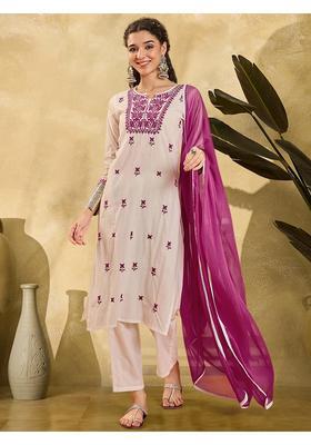 Purple Embroidery Silk Kurta Set