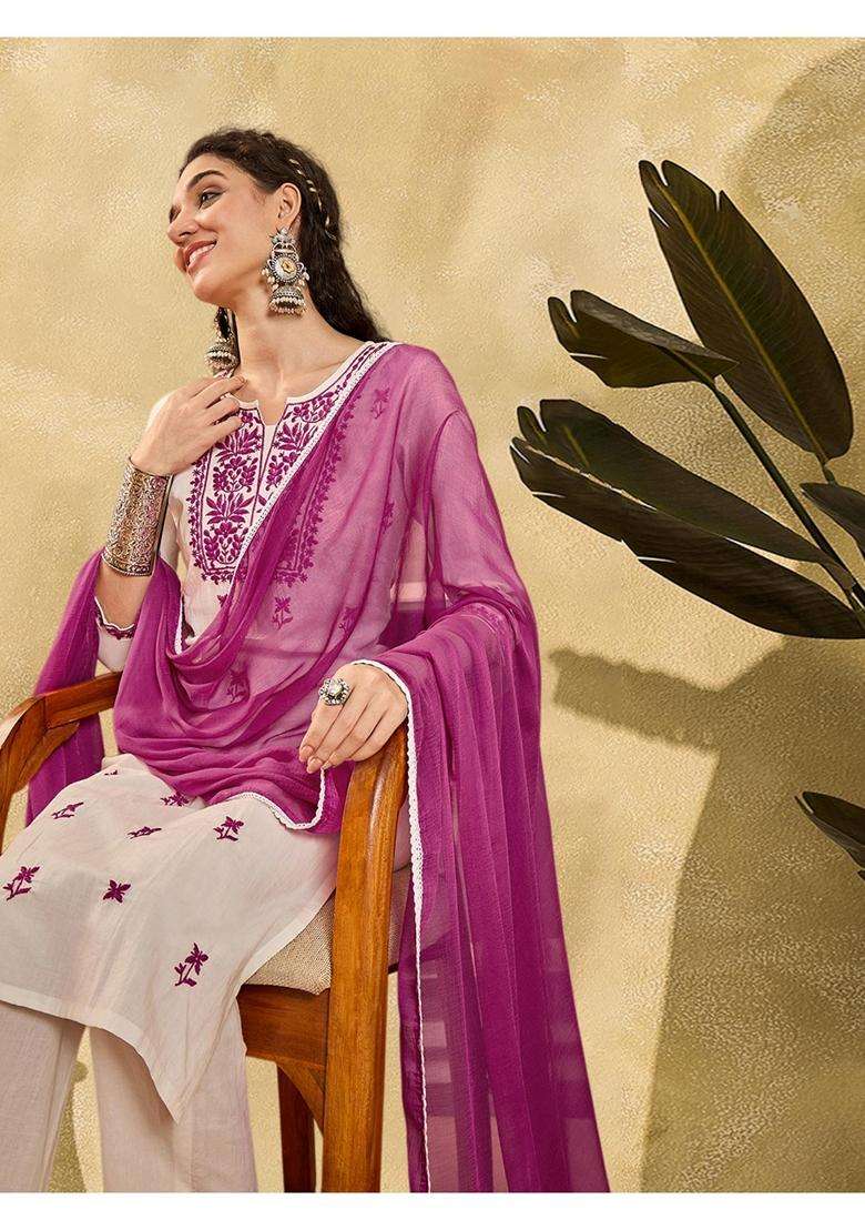 Purple Embroidery Silk Blend Kurta Set - Indya