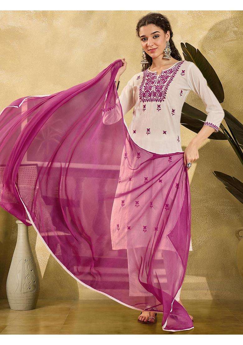 Purple Embroidery Silk Blend Kurta Set - Indya