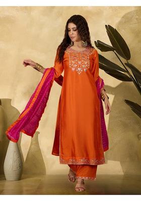 Orange Embroidery Silk Palazzo Set