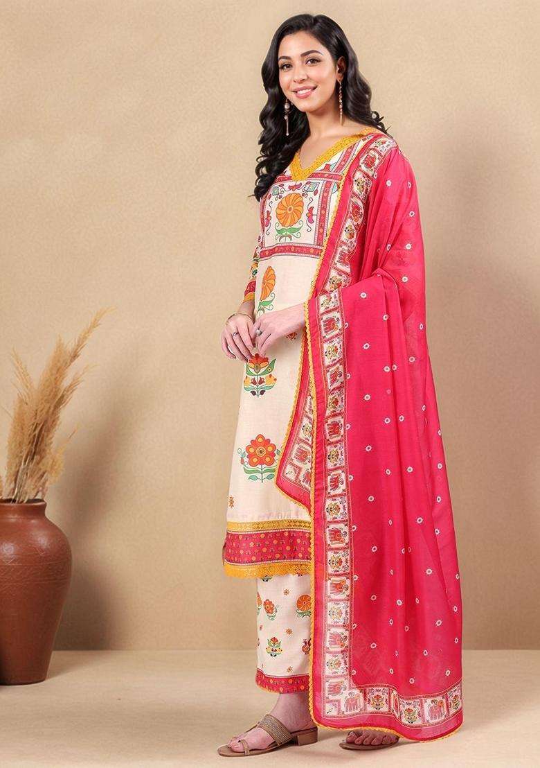 Multicolor Printed Cotton Kurta Set - Indya