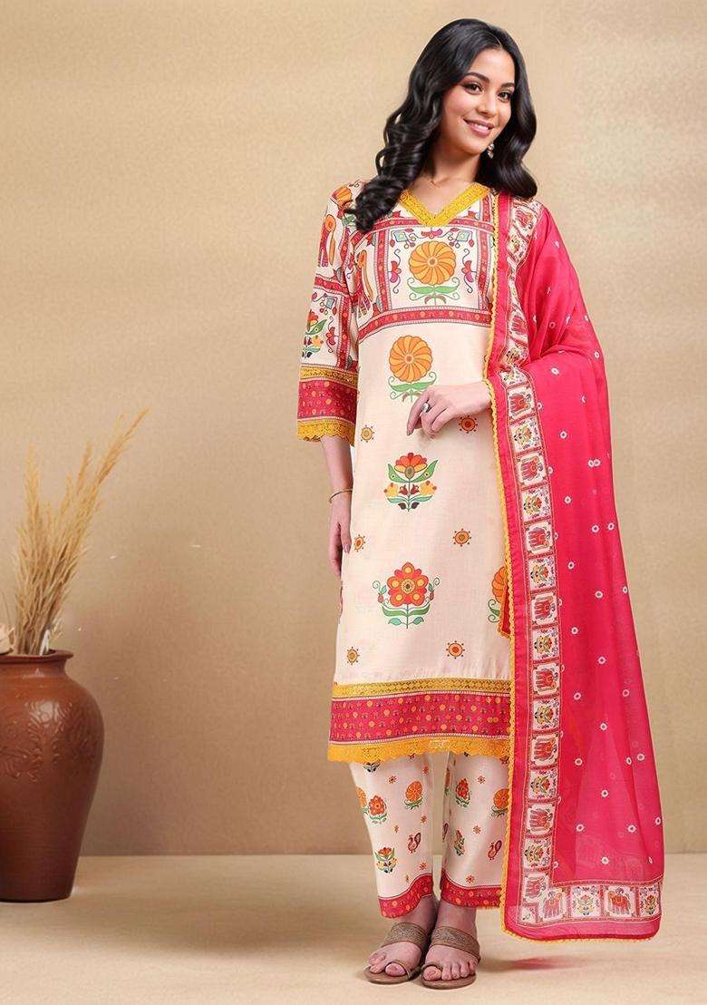 Multicolor Printed Cotton Kurta Set - Indya