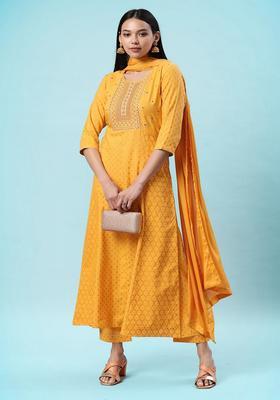 Yellow Embroidery Viscose Kurta Set