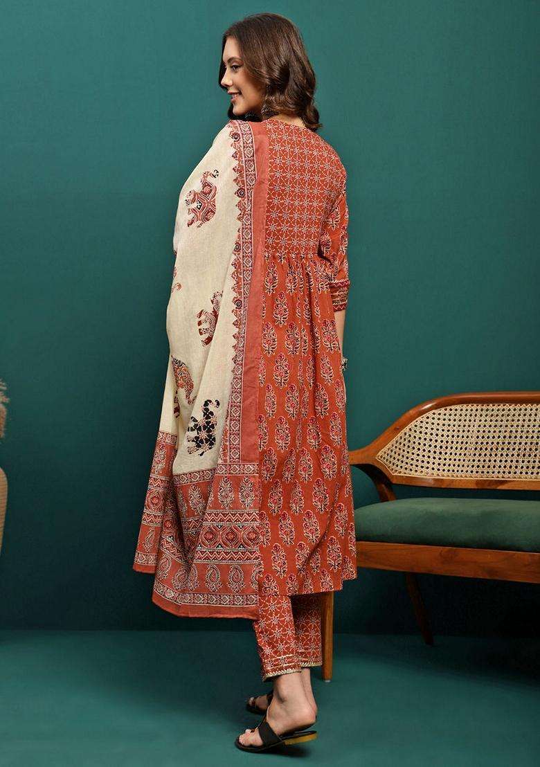 Brown Printed Cotton Anarkali Set - Indya