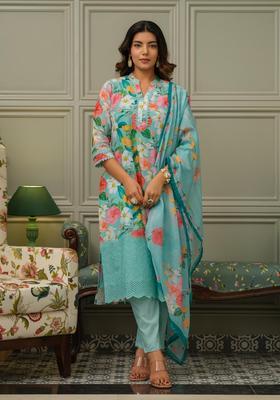 Sky Blue Floral Cotton Kurta Set