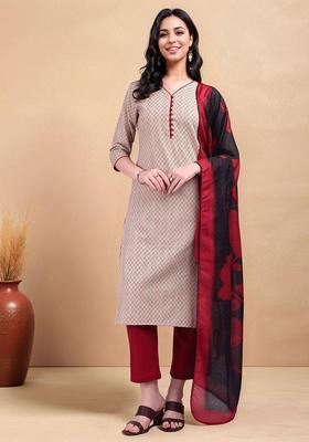 Beige Woven Cotton Kurta Set