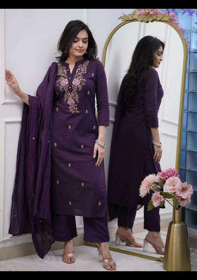 Purple Embroidery Rayon Kurta Set - Indya