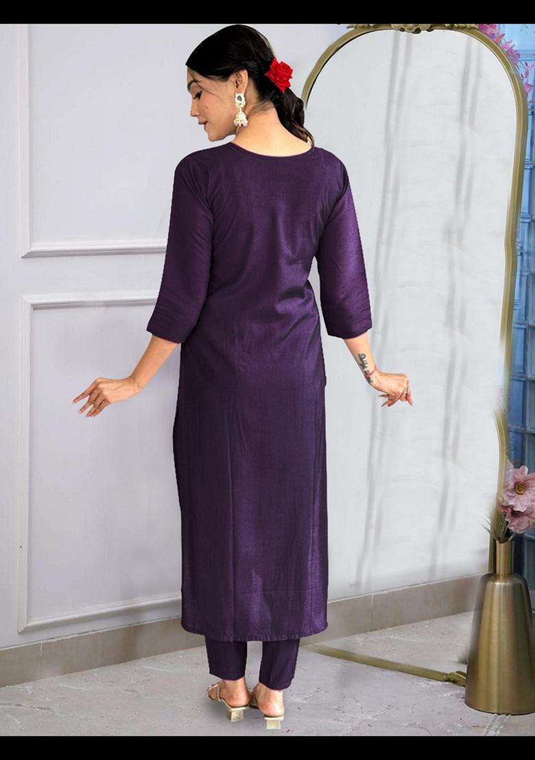 Purple Embroidery Rayon Kurta Set - Indya