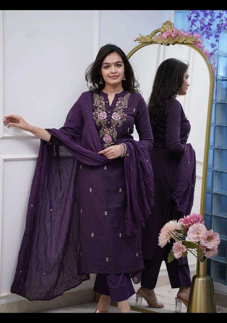 Purple Embroidery Rayon Kurta Set - Indya
