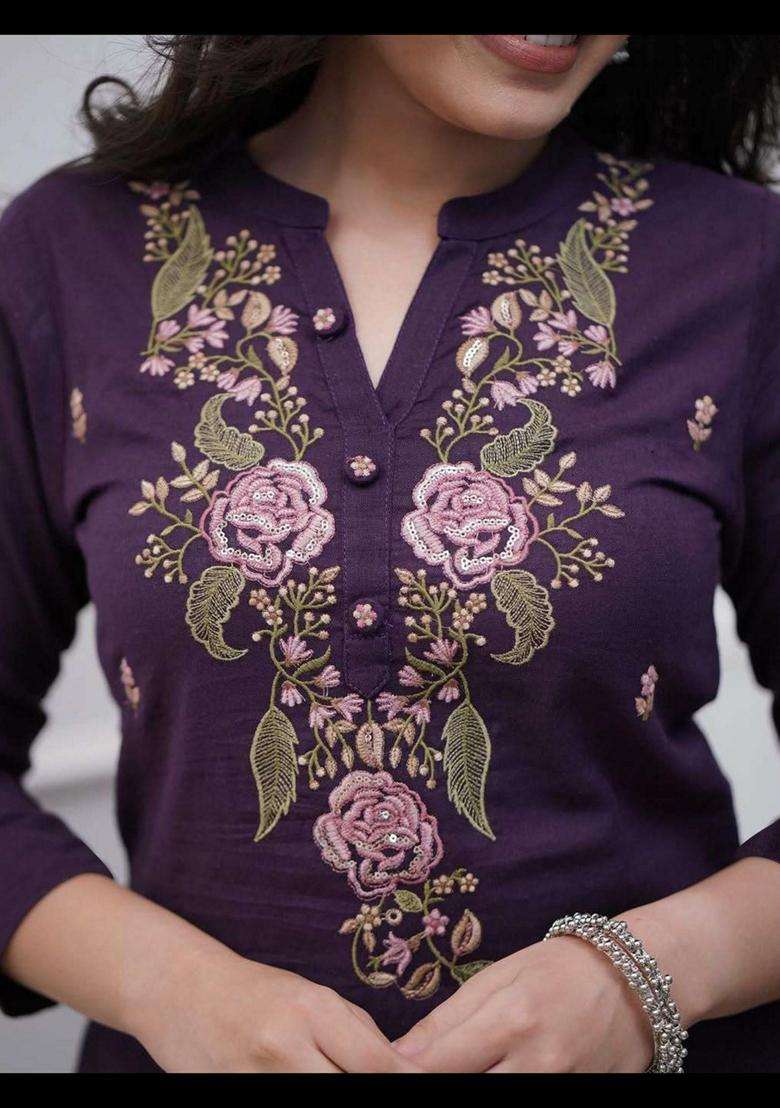 Purple Embroidery Rayon Kurta Set - Indya