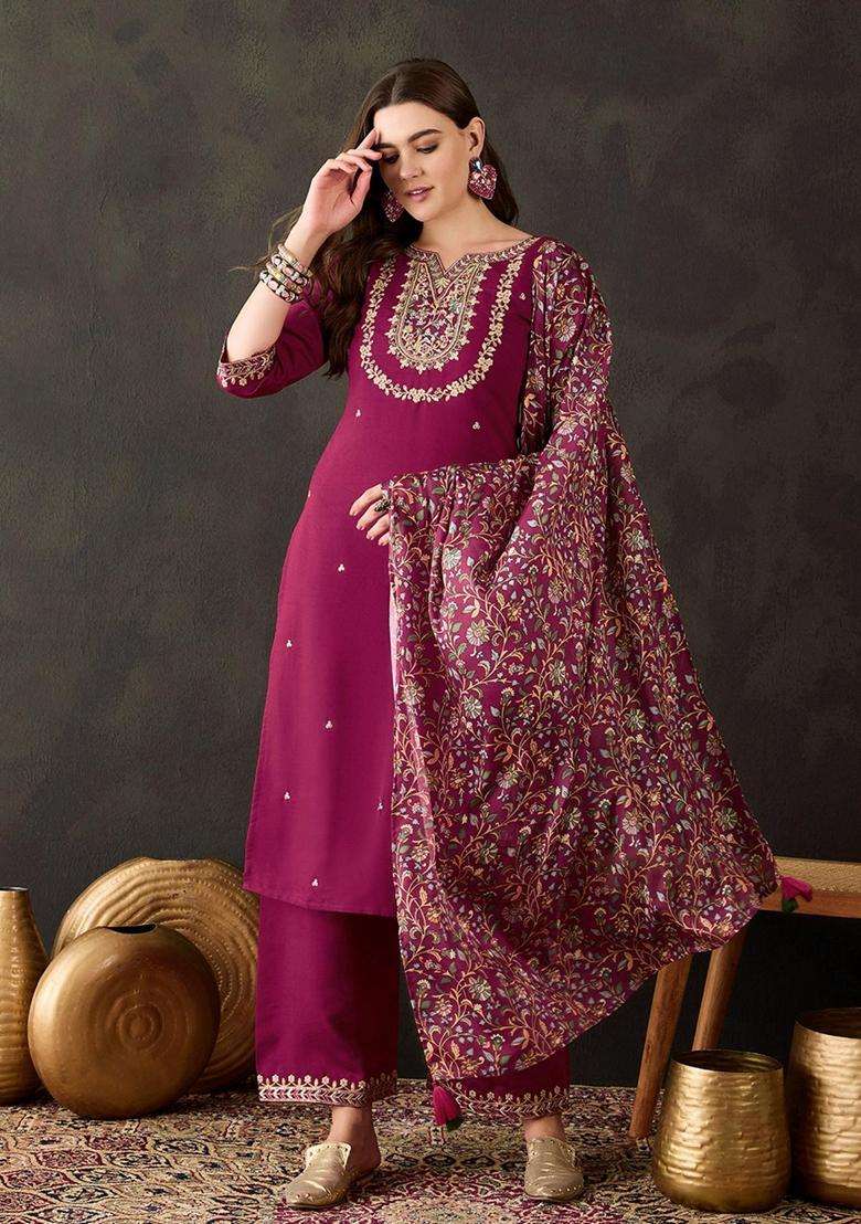 Wine Embroidery Silk Blend Kurta Set - Indya