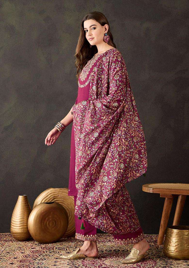 Wine Embroidery Silk Blend Kurta Set - Indya