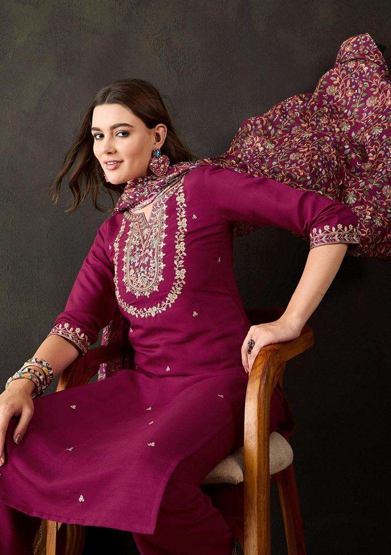 Wine Embroidery Silk Blend Kurta Set - Indya