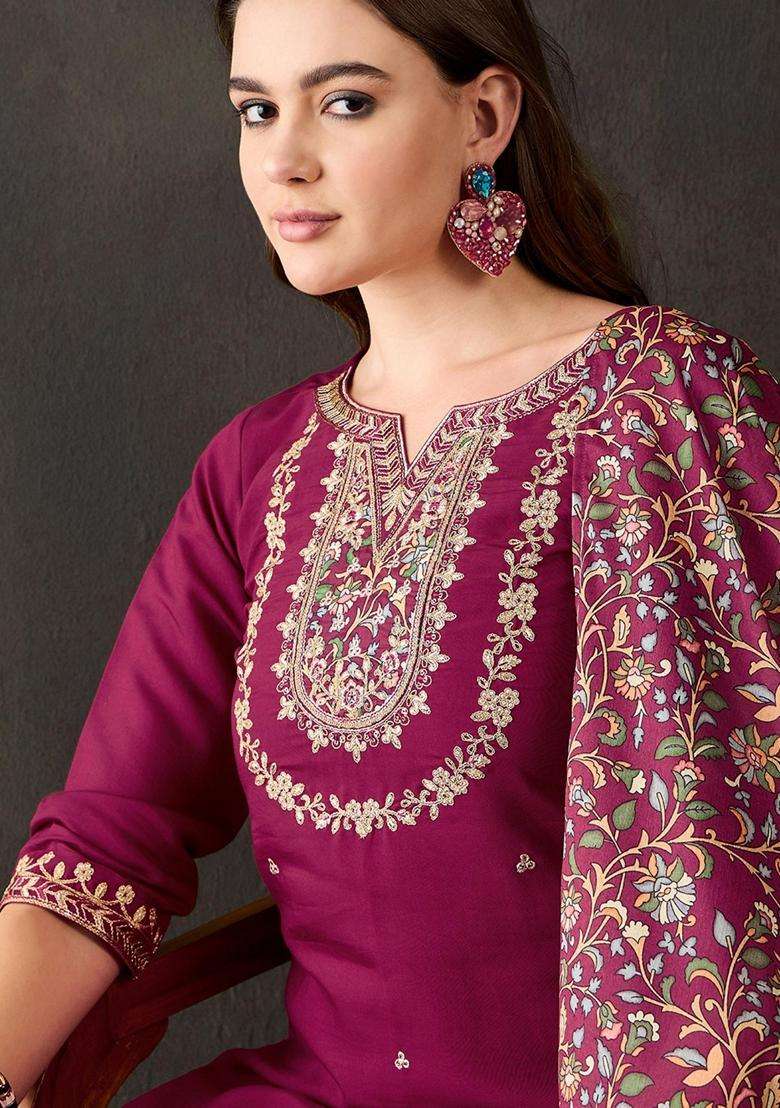 Wine Embroidery Silk Blend Kurta Set - Indya