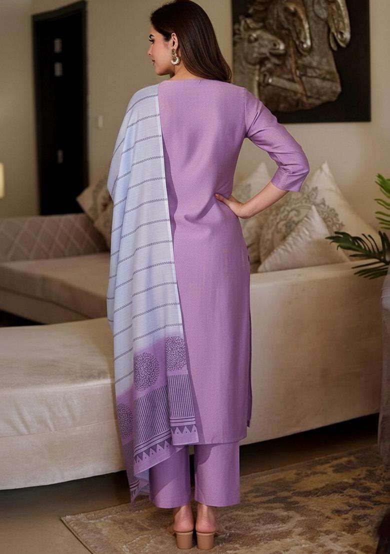 Purple Solid Rayon Kurta Set - Indya