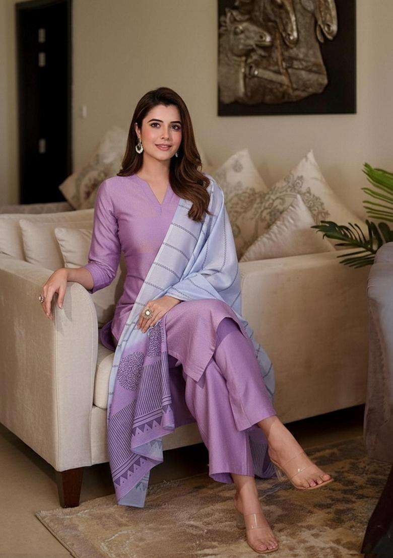 Purple Solid Rayon Kurta Set - Indya