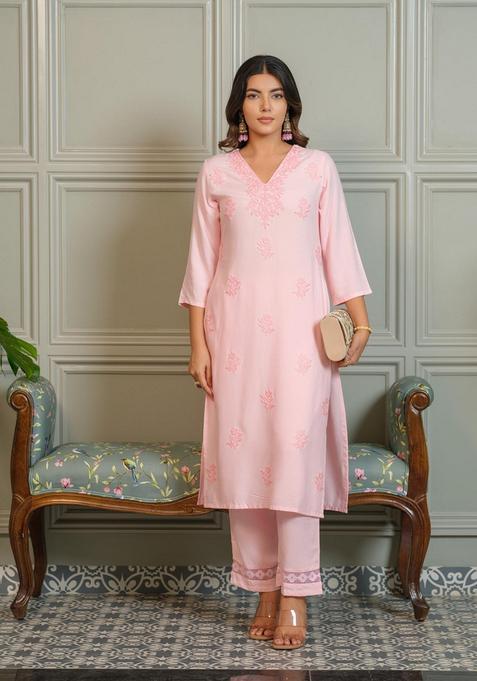 Peach Floral Viscose Kurta Set — view on Indya