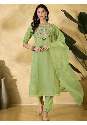 Green Embroidery Silk Kurta Set