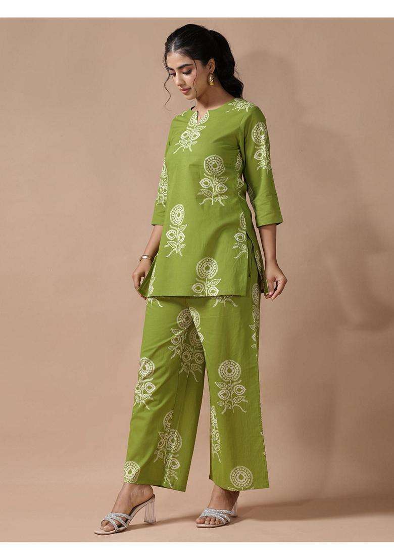 Green Floral Cotton Co-Ord Set - Indya