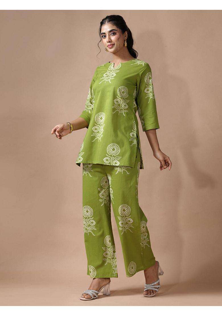 Green Floral Cotton Co-Ord Set - Indya
